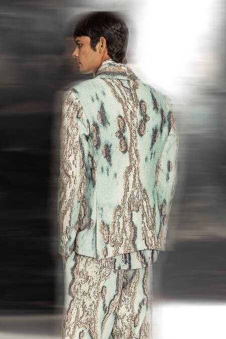 Shop_Abhishek Sharma_Blue Handloom Cotton Coast Print Jacket And Trouser Set _at_Aza_Fashions
