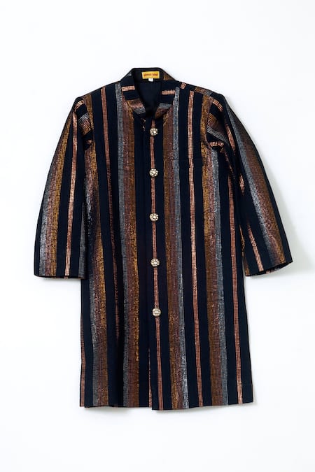 Shop Shruti Jalan Black , Satin Metallic Stripe Pattern Sherwani Set at Aza Fashions Shop_Shruti Jalan_Black , Satin Metallic Stripe Pattern Sherwani Set _at_Aza_Fashions