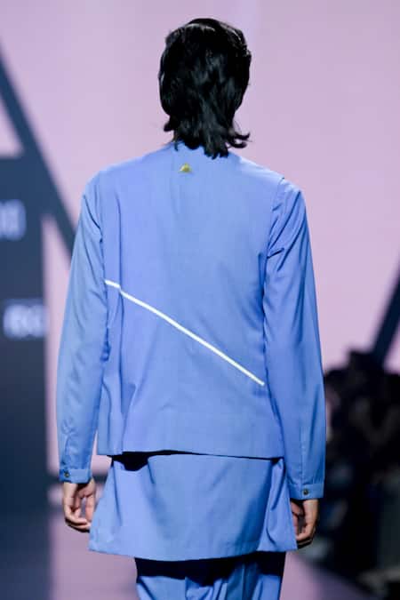 Shop_Tisa - Men_Blue Terrycloth, Cotton Asymmetric Bandhgala And Kurta Set_at_Aza_Fashions