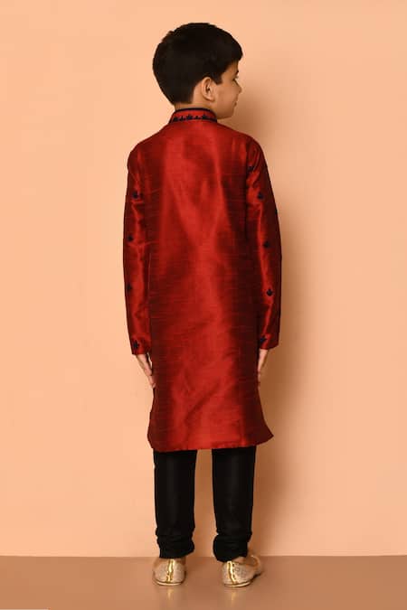 Shop Petite Pomme Maroon Silk Embroidery Floral Kurta And Churidar Set at Aza Fashions Shop_Petite Pomme_Maroon Silk Embroidery Floral Kurta And Churidar Set _at_Aza_Fashions