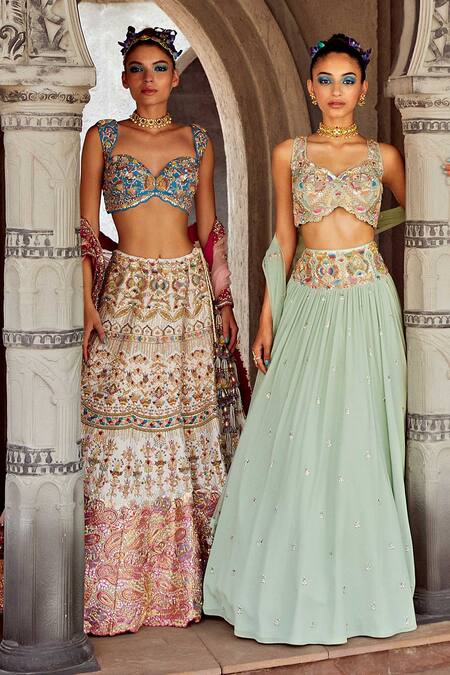 Shop Kaaisha By Shalini Green Georgette, Tulle Pearls, Sequins Floral Embroidered Bridal Lehenga Set at Aza Fashions Shop_Kaaisha By Shalini_Green Georgette, Tulle Pearls, Sequins Floral Embroidered Bridal Lehenga Set_at_Aza_Fashions