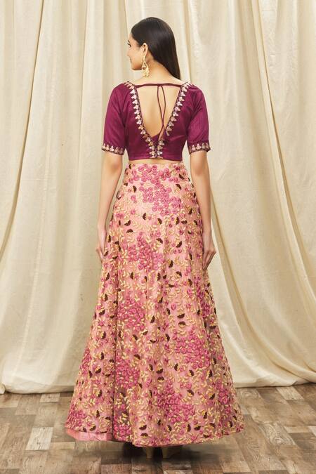 Shop Nazaakat By Samara Singh Wine Net Floral Blossom Lehenga Set With Zari Border Blouse at Aza Fashions Shop_Nazaakat By Samara Singh_Wine Net Floral Blossom Lehenga Set With Zari Border Blouse_at_Aza_Fashions