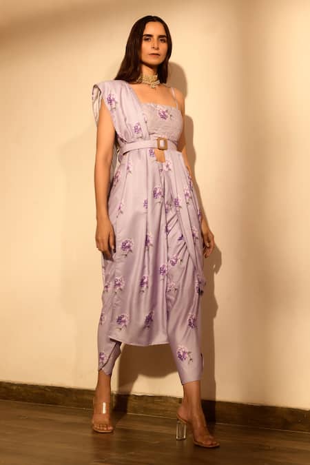 Shop Pasha India Purple Linen Embroidery Square Neck Floral Print Draped Blouse And Dhoti Pant Set at Aza Fashions Shop_Pasha India_Purple Linen Embroidery Square Neck Floral Print Draped Blouse And Dhoti Pant Set _at_Aza_Fashions