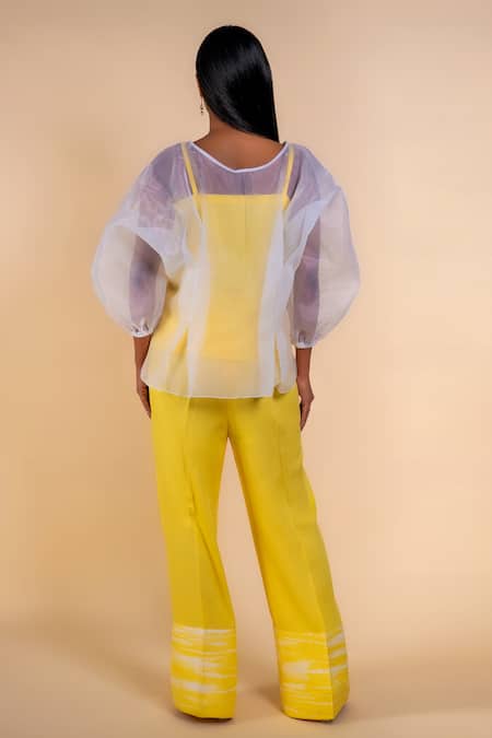 Shop_Ranng Label_Yellow Nylon, Twill Round Neck Sheer Top And Pant Set _at_Aza_Fashions