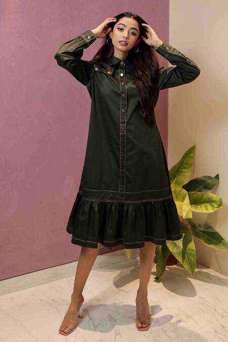 Shop Veera Wear Green Cotton Collared Goal Getter Dress at Aza Fashions Shop_Veera Wear_Green Cotton Collared Goal Getter Dress _at_Aza_Fashions