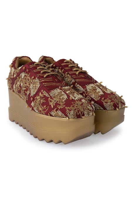 Anaar_Maroon Autumn Song Embellished Sneaker Wedges _Online_at_Aza_Fashions