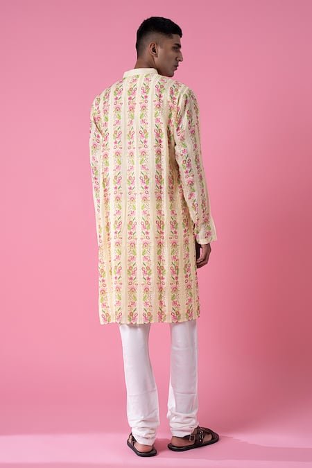 Shop Siddhartha Bansal Multi Color Chanderi Printed Wild Flower Border Stripe Kurta Set at Aza Fashions Shop_Siddhartha Bansal_Multi Color Chanderi Printed Wild Flower Border Stripe Kurta Set _at_Aza_Fashions