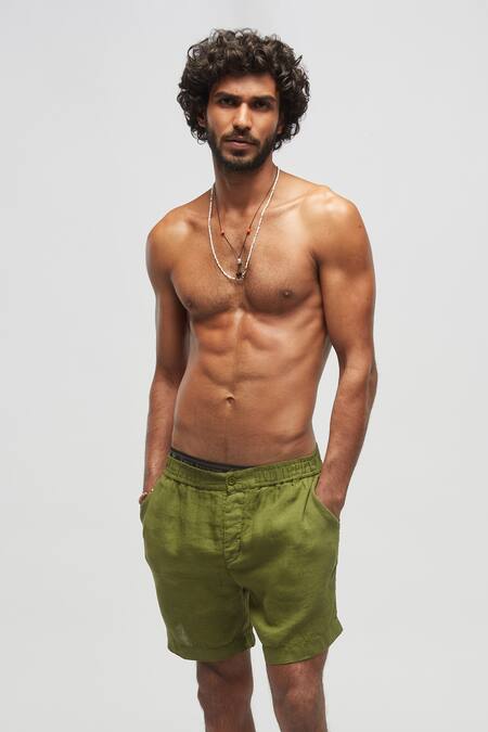 Shop Terra Luna Green 100% Linen Solid Shorts at Aza Fashions Shop_Terra Luna_Green 100% Linen Solid Shorts _at_Aza_Fashions