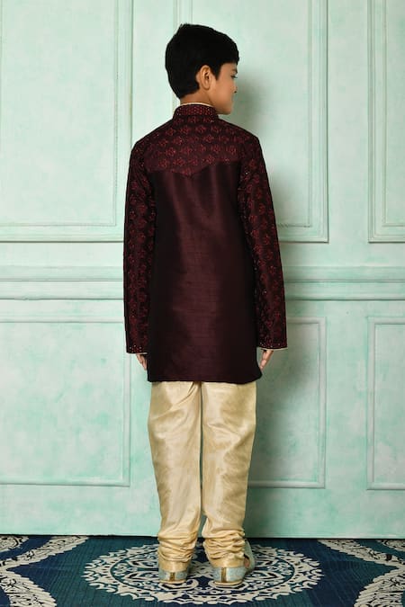 Shop_Petite Pomme_Wine Silk Embroidery Fleur De Lis Patterned Kurta _at_Aza_Fashions