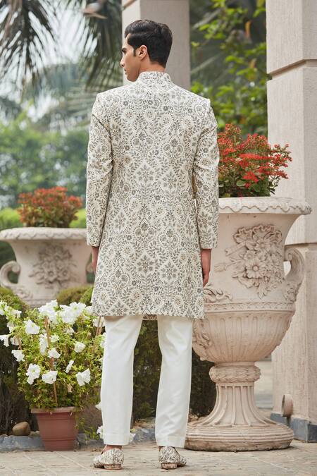 Shop Bohame Off White Georgette, Cotton, Silk Embroidery Laska Chikankari Achkan Set at Aza Fashions Shop_Bohame_Off White Georgette, Cotton, Silk Embroidery Laska Chikankari Achkan Set_at_Aza_Fashions