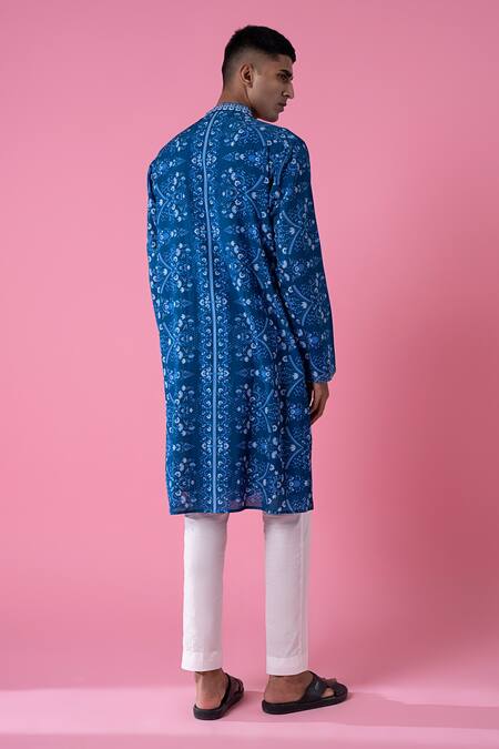 Shop_Siddhartha Bansal_Blue Cotton Dobby Stripe Printed Royal Chintz Mandarin Collar Kurta Set  _at_Aza_Fashions