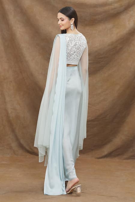 Kanj By Priyanka A Sakhuja Pre-Draped Saree With Embroidered Cape Sleeved Blouse 