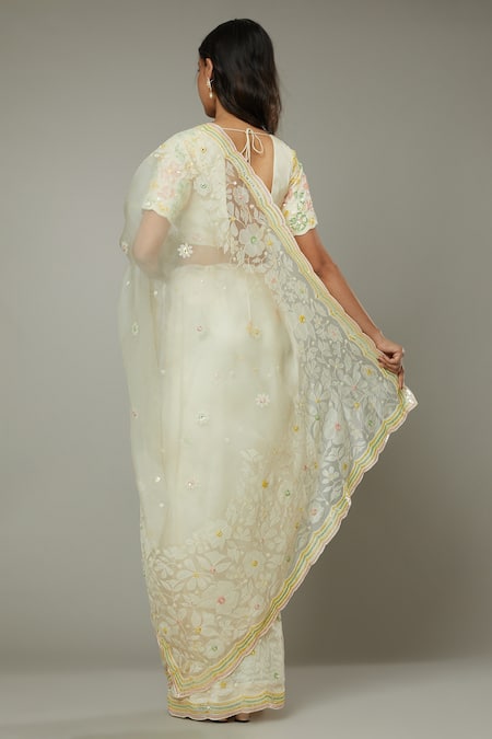 I Am Design Ivory Silk Organza Floral Pattern, Sequins French Vanilla Embroidered Saree Online at Aza Fashions I Am Design_Ivory Silk Organza Floral Pattern, Sequins French Vanilla Embroidered Saree _Online_at_Aza_Fashions