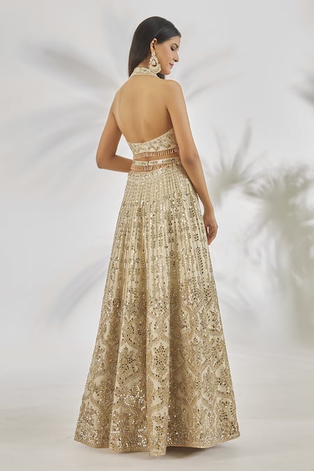 Vandana Sethi Ivory Silk Crystals, Mirrors Halter Neck Embellished Floral Lehenga Set Online at Aza Fashions Vandana Sethi_Ivory Silk Crystals, Mirrors Halter Neck Embellished Floral Lehenga Set _Online_at_Aza_Fashions