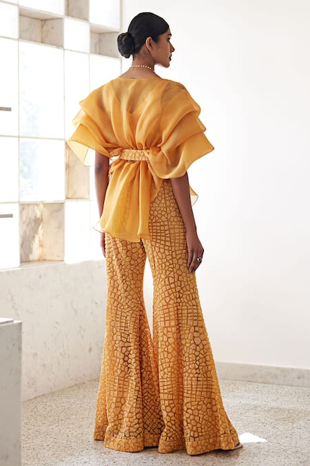 Shop_Mishru_Orange Organza, Tulle, Chanderi Silk Embroidery Pouf Top And Tea Bark Pant Set _at_Aza_Fashions