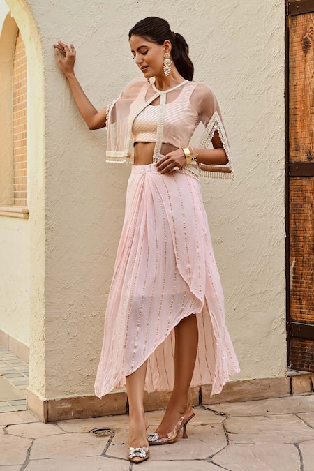 Shop Palak & Mehak Pink Rayon, Crepe, Lurex Pearls Round Freya Stripe Woven Skirt Set With Cape at Aza Fashions Shop_Palak & Mehak_Pink Rayon, Crepe, Lurex Pearls Round Freya Stripe Woven Skirt Set With Cape _at_Aza_Fashions