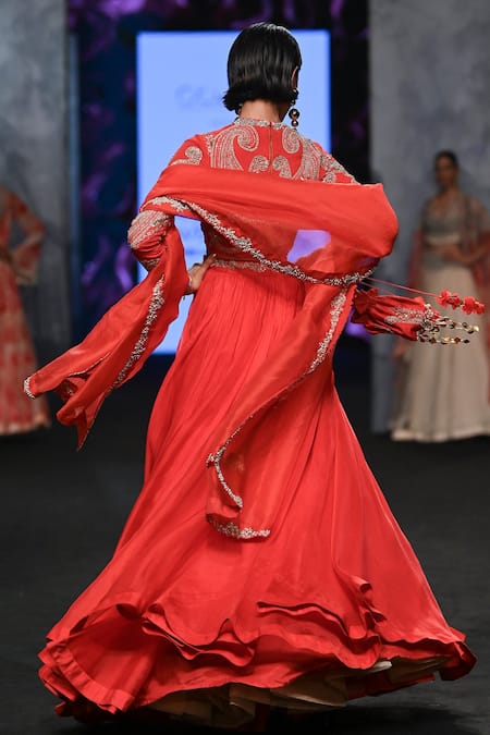 Bhumika Sharma Red Organza Embroidery Round Neck Ambi Pattern Waistband Lehenga Set Online at Aza Fashions Bhumika Sharma_Red Organza Embroidery Round Neck Ambi Pattern Waistband Lehenga Set _Online_at_Aza_Fashions