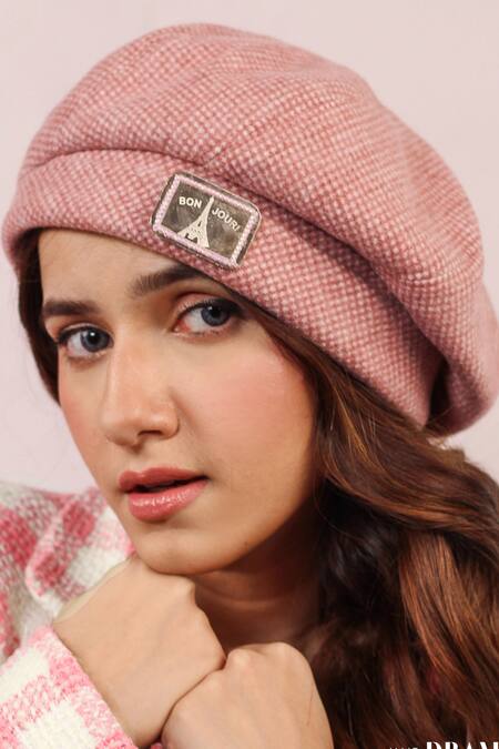 Shop Hair Drama CO Pink Broach Embellished Emily In Paris Metal Beret at Aza Fashions Shop_Hair Drama CO_Pink Broach Embellished Emily In Paris Metal Beret_at_Aza_Fashions