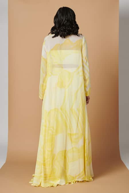 Shop Vedika M Yellow Satin And Peppersilk Abstract Bustier Printed Skirt Set With Jacket at Aza Fashions Shop_Vedika M_Yellow Satin And Peppersilk Abstract Bustier Printed Skirt Set With Jacket _at_Aza_Fashions