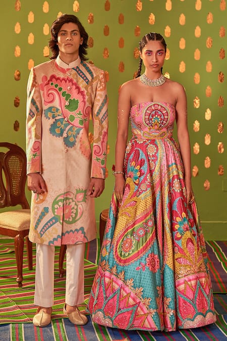 Shop_Siddhartha Bansal_Ivory Cotton, Suede Embroidery Sb Signature Royal Paisley Print Sherwani Set _at_Aza_Fashions