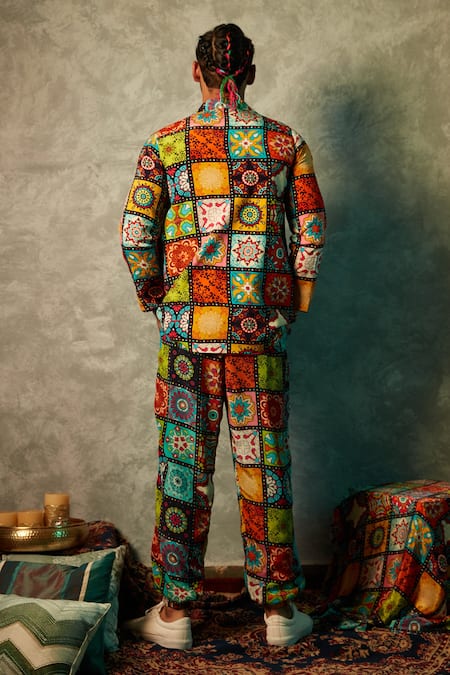 Shop_Esha L Amin_Multi Color Modal, Satin Big Tiles Print Blazer _at_Aza_Fashions