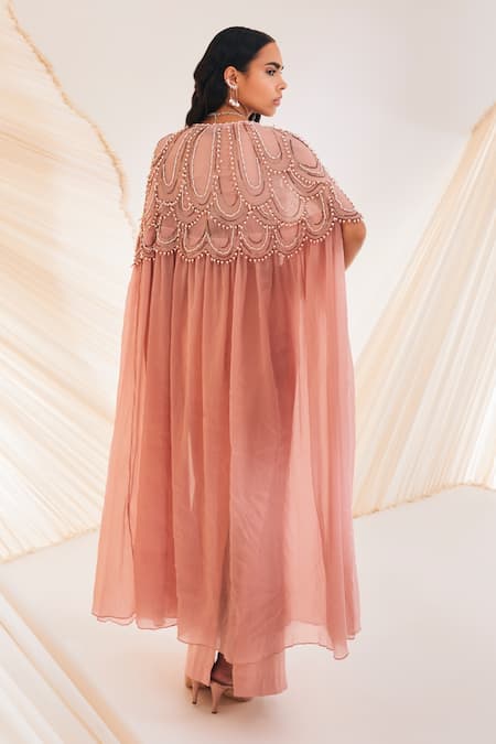 Shop Divya Aggarwal Pink Satin Pearls Sweetheart Hand Embroidered Scallop Pattern Cape Skirt Set at Aza Fashions Shop_Divya Aggarwal_Pink Satin Pearls Sweetheart Hand Embroidered Scallop Pattern Cape Skirt Set _at_Aza_Fashions