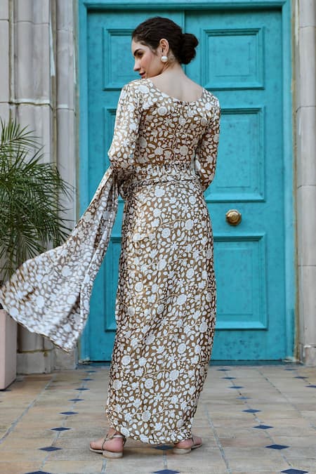 Shop_Karaj Jaipur_Brown Gabardine, Gingham Embroidery Floral Print Pre-draped Saree With Blouse _at_Aza_Fashions