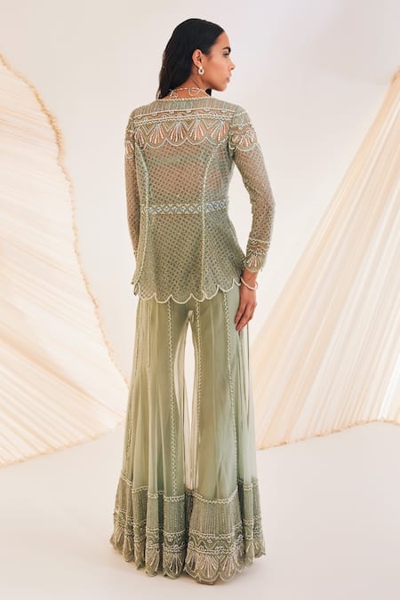 Shop Divya Aggarwal Green Organza, Silk Pearls, Cut Work Teigen Hand Embroidered Trellis Kurta Set at Aza Fashions Shop_Divya Aggarwal_Green Organza, Silk Pearls, Cut Work Teigen Hand Embroidered Trellis Kurta Set _at_Aza_Fashions