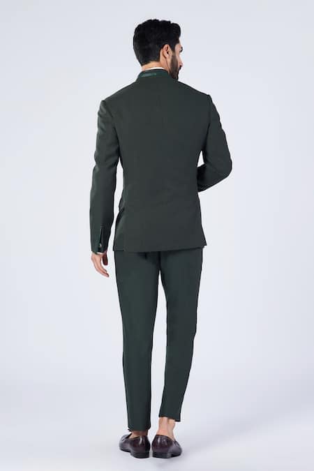 Shop_S&N By Shantnu Nikhil_Green Wool, Viscose, Polyester Metallic Gold Buttons Bandhgala _at_Aza_Fashions
