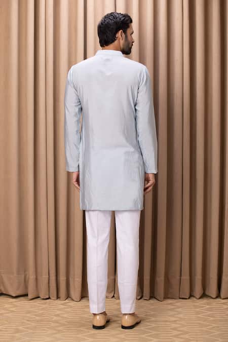 Shop Ankit V Kapoor Blue Cotton, Silk Embroidery Faizal Geometric Pattern Kurta Set at Aza Fashions Shop_Ankit V Kapoor_Blue Cotton, Silk Embroidery Faizal Geometric Pattern Kurta Set _at_Aza_Fashions