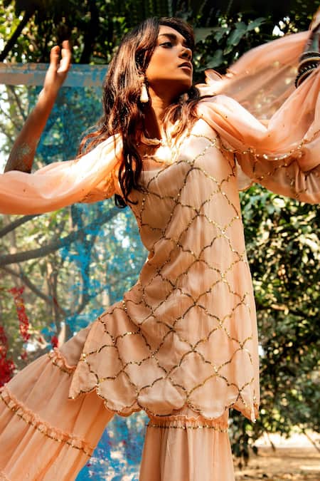 Shop Gulaal Peach Muslin, Silk, Chiffon Embroidery, Cut Work, Short Kurta Sharara Set at Aza Fashions Shop_Gulaal_Peach Muslin, Silk, Chiffon Embroidery, Cut Work, Short Kurta Sharara Set _at_Aza_Fashions