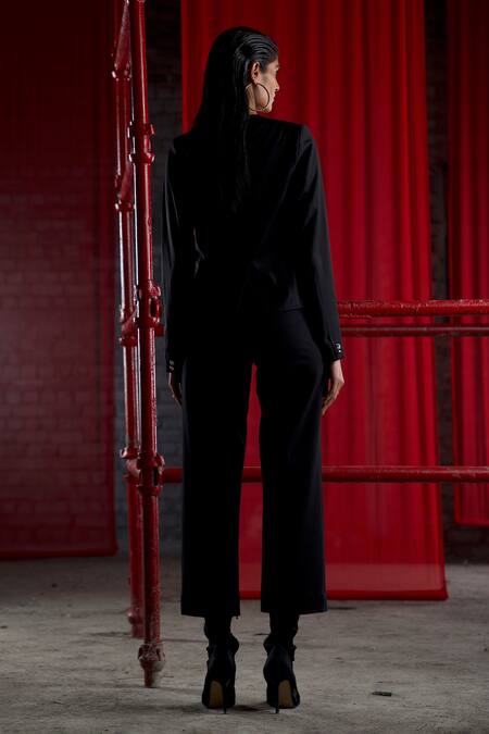 Shop Pocketful Of Cherrie Black Polyester Embroidery Typographic Panel Blazer at Aza Fashions Shop_Pocketful Of Cherrie_Black Polyester Embroidery Typographic Panel Blazer_at_Aza_Fashions