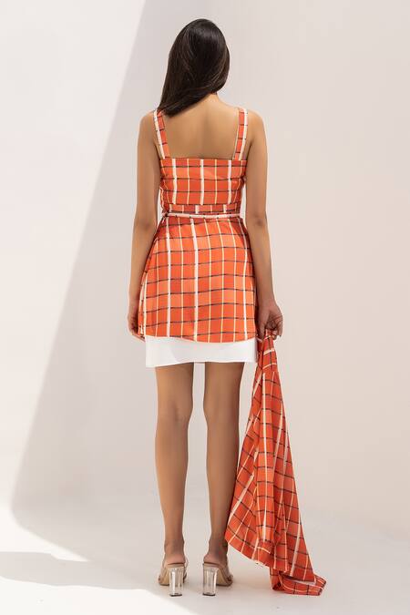 Shop Kritika Madan Label Orange Royal Georgette Printed Checkered Banana Crepe Skirt Set at Aza Fashions Shop_Kritika Madan Label_Orange Royal Georgette Printed Checkered Banana Crepe Skirt Set_at_Aza_Fashions