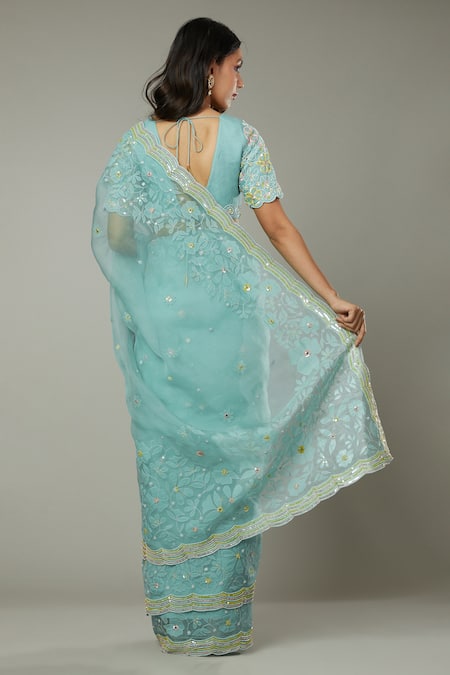 I Am Design_Blue Raw , Organza Floral Peppermint Candy Embroidered Saree Set _Online_at_Aza_Fashions