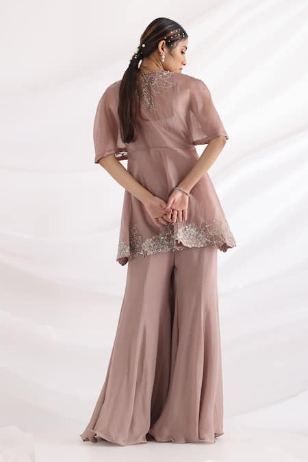 Shop_Smriti By Anju Agarwal_Pink Satin Organza Embroidery Bead Jacket Open Petal Peplum And Flared Pant Set _at_Aza_Fashions