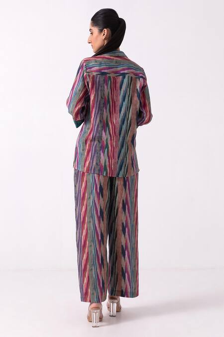 Shop Label Shreya Sharma Multi Color Linen Embroidery Collared Ikat Print Jacket And Pant Set at Aza Fashions Shop_Label Shreya Sharma_Multi Color Linen Embroidery Collared Ikat Print Jacket And Pant Set_at_Aza_Fashions