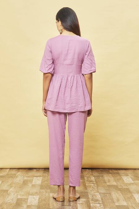 Shop Khwaab By Sanjana Lakhani Purple Cotton Embroidery V-neck Top And Pant Set at Aza Fashions Shop_Khwaab By Sanjana Lakhani_Purple Cotton Embroidery V-neck Top And Pant Set_at_Aza_Fashions