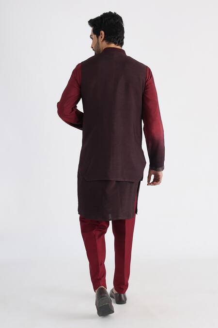 Shop_Smriti By Anju Agarwal_Brown Bamboo, Cotton Embroidery, Cut Work Nehru Jacket And Kurta Set _at_Aza_Fashions