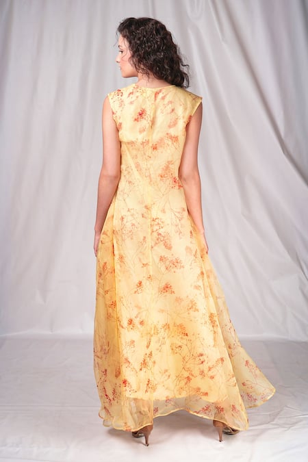 Seesa Cream Organza, Silk Beads Round Neck Floral Print Layered Maxi Dress Online at Aza Fashions Seesa_Cream Organza, Silk Beads Round Neck Floral Print Layered Maxi Dress _Online_at_Aza_Fashions