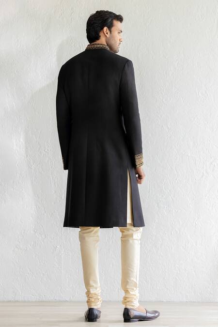 Shop_Qbik_Black Sherwani Matka Cotton Placement Embroidery Flower Nabi Collar Set_at_Aza_Fashions