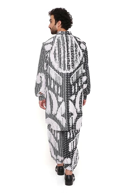 Shop PS Men By Payal Singhal Black Dupion Silk Printed Uzbek Pathani Kurta And Joggers Set at Aza Fashions Shop_PS Men By Payal Singhal_Black Dupion Silk Printed Uzbek Pathani Kurta And Joggers Set_at_Aza_Fashions