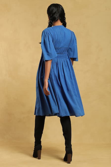 Shop Ritu Kumar Blue Cotton Round Neck Pintuck Detail Midi Dress at Aza Fashions Shop_Ritu Kumar_Blue Cotton Round Neck Pintuck Detail Midi Dress_at_Aza_Fashions