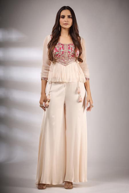 Pallavi Jaipur Floral Embroidered Top & Flared Pant Set 