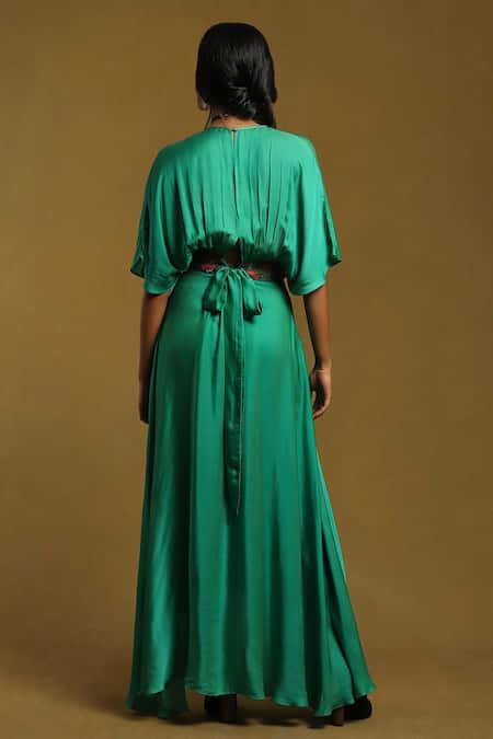 Shop Ritu Kumar Green Satin V-neck Pleated Yoke Kaftan Style Dress at Aza Fashions Shop_Ritu Kumar_Green Satin V-neck Pleated Yoke Kaftan Style Dress _at_Aza_Fashions