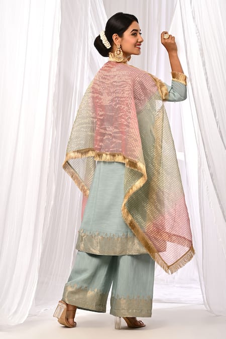 The Home Affair Blue Chanderi, Cotton Zari, Sequins, Fringe Split Pure Work A-line Kurta Set Online at Aza Fashions The Home Affair_Blue Chanderi, Cotton Zari, Sequins, Fringe Split Pure Work A-line Kurta Set _Online_at_Aza_Fashions