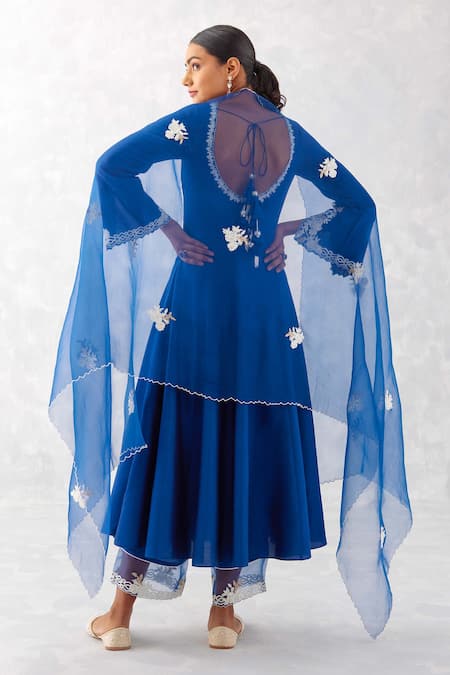 Shop Devnaagri Blue Cotton, , Organza Embroidery Anarkali Set With Dupatta And Palazzo at Aza Fashions Shop_Devnaagri_Blue Cotton, , Organza Embroidery Anarkali Set With Dupatta And Palazzo _at_Aza_Fashions