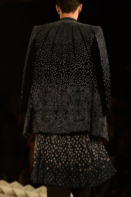 Shop_Rohit Gandhi + Rahul Khanna_Blue Velvet Beads, Metallic Thread Embroidered Sherwani _at_Aza_Fashions