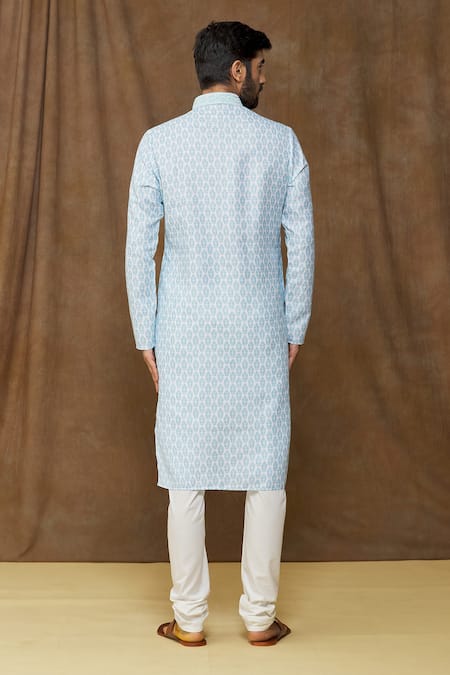 Arihant Rai Sinha_Blue Cotton, , Chanderi Embroidery Pastel Floral Print Kurta Set _Online_at_Aza_Fashions