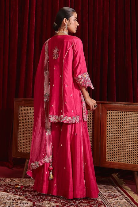 Shop Ajiesh Oberoi Pink Silk, Organza Beads, Tassels, Embroidery Manu Floral Kurta Gharara Set at Aza Fashions Shop_Ajiesh Oberoi_Pink Silk, Organza Beads, Tassels, Embroidery Manu Floral Kurta Gharara Set _at_Aza_Fashions