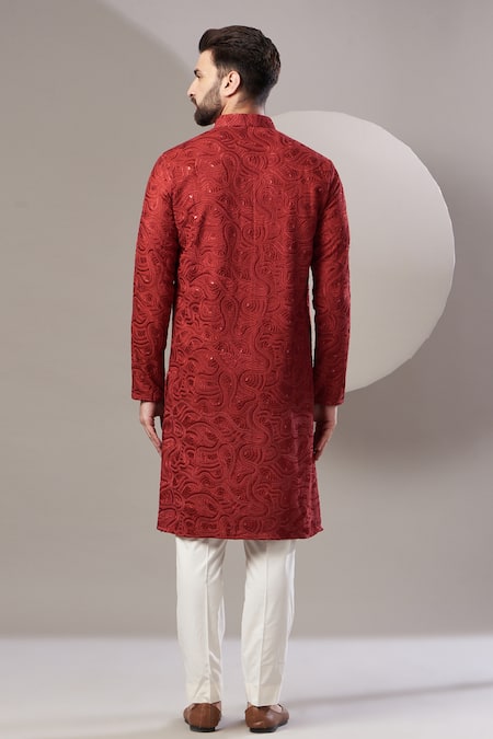 Shop Kasbah Maroon Silk, Cotton Embroidery Paisley Kurta Set at Aza Fashions Shop_Kasbah_Maroon Silk, Cotton Embroidery Paisley Kurta Set _at_Aza_Fashions